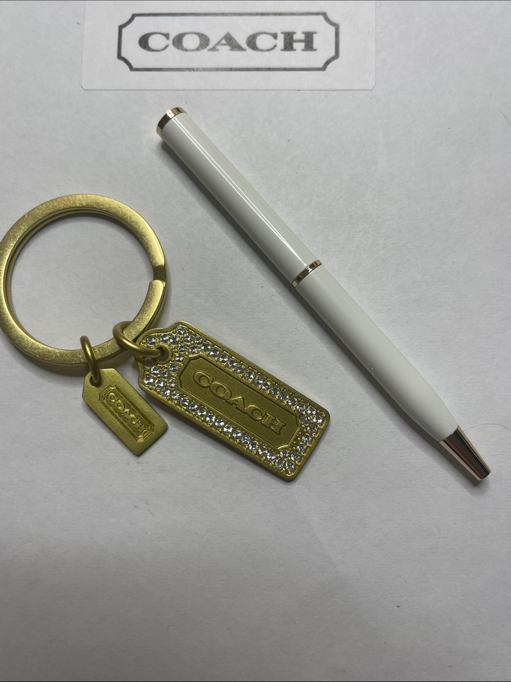 Coach Gold Crystal Tag Keychain with Signature Logo and Coach Pen